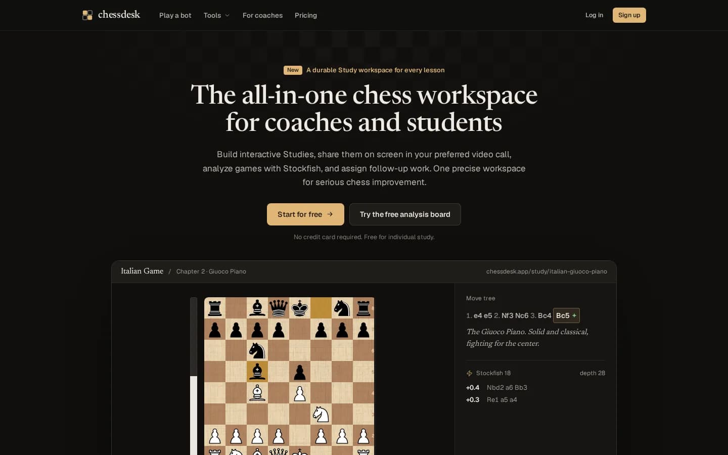 The ChessDesk landing page at chessdesk.app, showing the all-in-one chess workspace with an interactive Italian Game study and Stockfish lines.